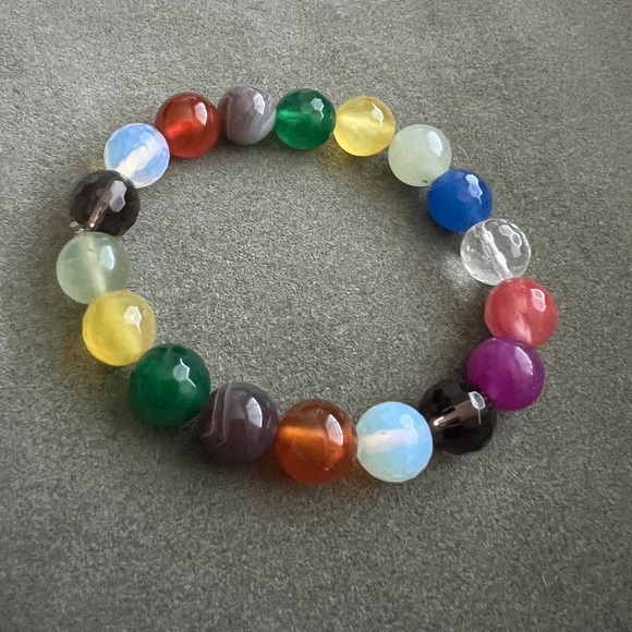 Semiprecious gemstone rainbow round bead chunky bauble beaded stacking bracelet - Picture 17 of 17